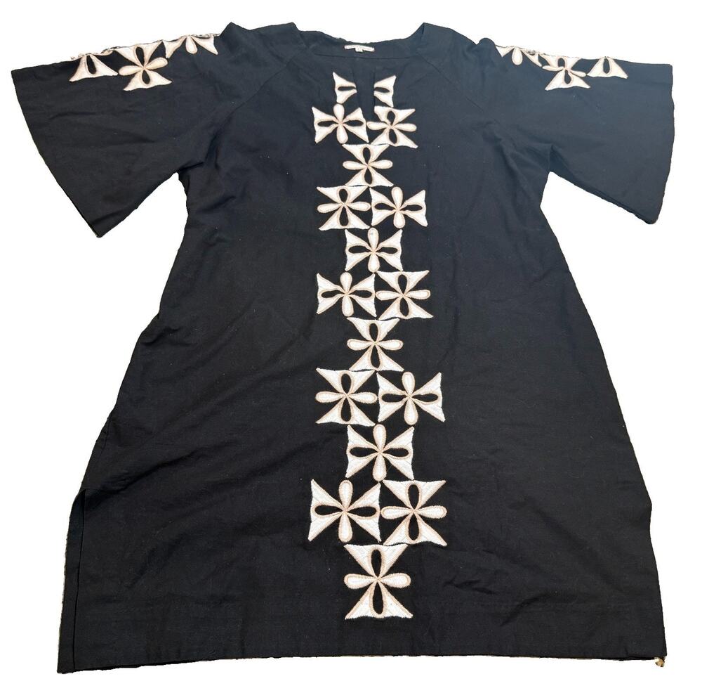 $458 Frances Valentine Black Gambit Caftan Dress Embroidered Linen Sz L EUC